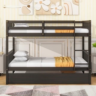 Twin Over Twin Rubber Wood Bunk Bed with Trundle, Convertible into 2 Twin Size Beds,with Ladder and Safety Guardrails