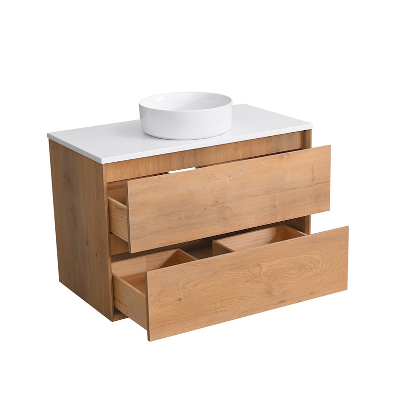 Sylphar 36 inch Toffee Oak Floating Bathroom Vanity with White Quartz Top