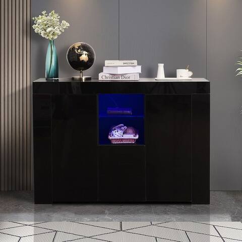 Kitchen Sideboard Cupboard with LED Light, Black High Gloss Dining Room Buffet Storage Cabinet with Drawer and 2 Doors