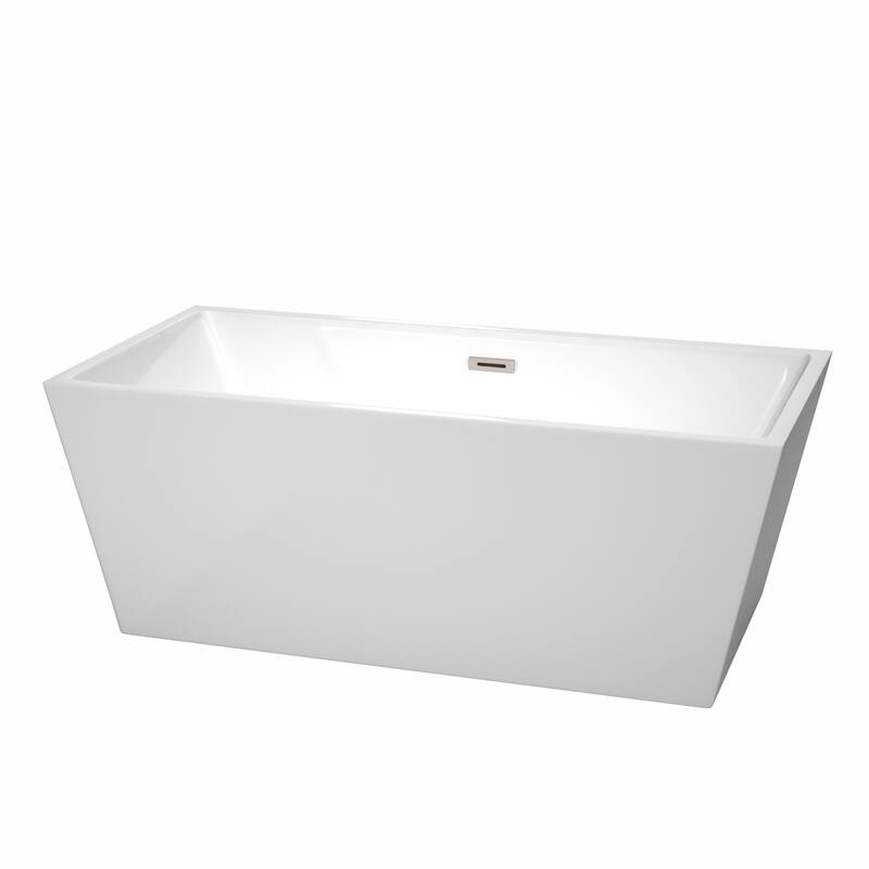 Wyndham Collection Sara 63-inch White Freestanding Soaking Bathtub - White, Brushed Nickel Trim