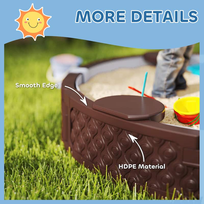 Dark Brown HDPE Kids Sandbox with Four Built In Seats Large Outdoor Play Sandpit with Protective Cover and Bottom Liner
