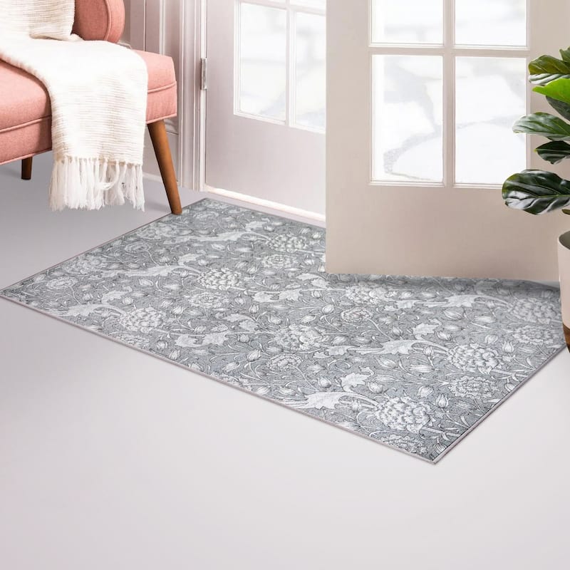 My Magic Carpet Kalini Floral Grey Machine Washable Rug