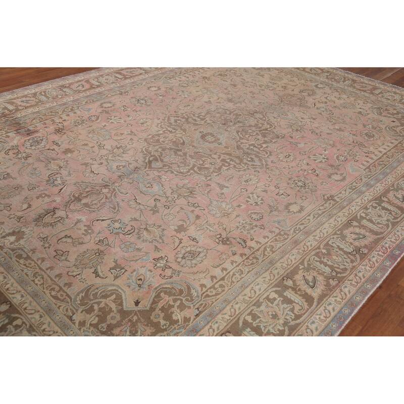 Traditional Pink Mashad Persian Vintage Rug Hand-Knotted Wool Carpet - 8'0"x 10'10"
