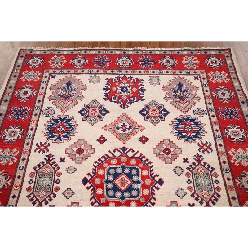 Geometric Kazak Area Rug Hand-Knotted Bedroom Beige Wool Carpet - 5'2" x 6'7"
