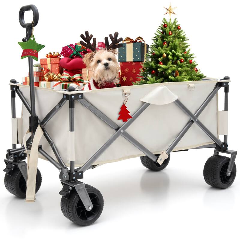Heavy Duty Folding Beach Wagon - Utility Cart with Big Wheels & Adjustable Handle, Includes Drink Holders