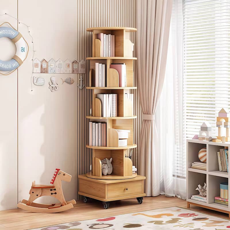 GDF Studio - Purling Modern 6-Tier Wood 360-Degree Rotating Bookshelf with Drawer Storage