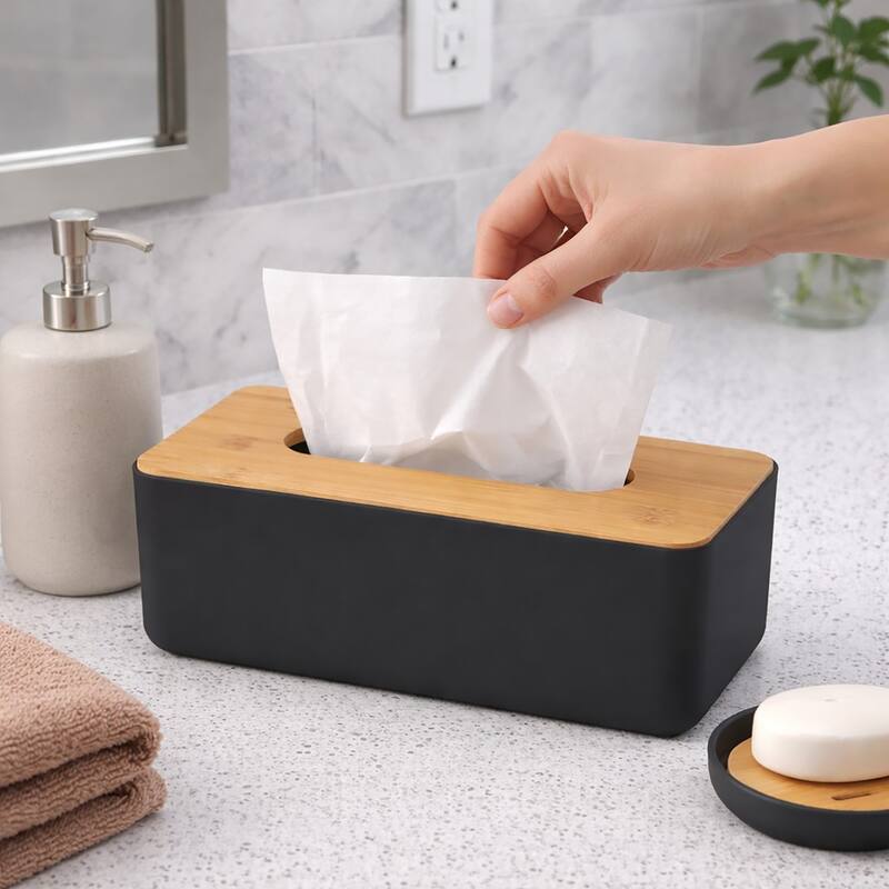 Padang Bathroom Accessories Set Bamboo - Tissue Box Holder Only - Black
