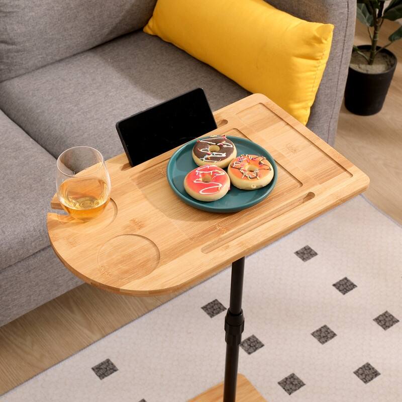 Adjustable Bamboo Sofa Tray Table with Rotating Stand & Storage