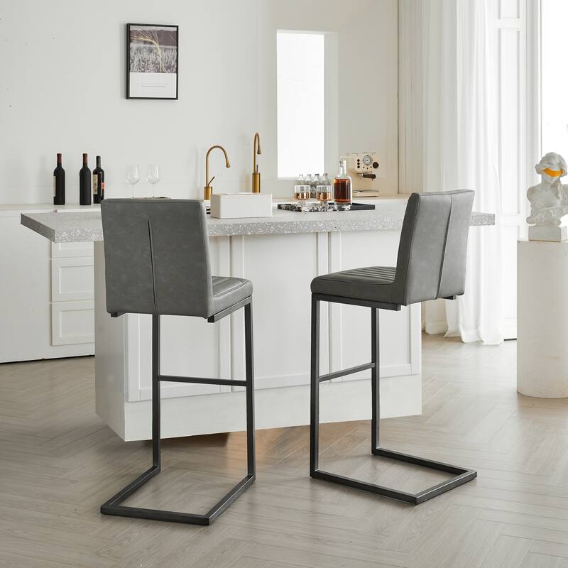 Set of 2 Gray Faux Leather Bar Stools, Padded Seat with Black Metal Frame, Counter Height