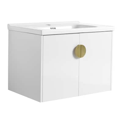 Wall-Mounted Bathroom Vanity with Ceramic Basin, Soft-Close Doors, and Customizable Metal Handles