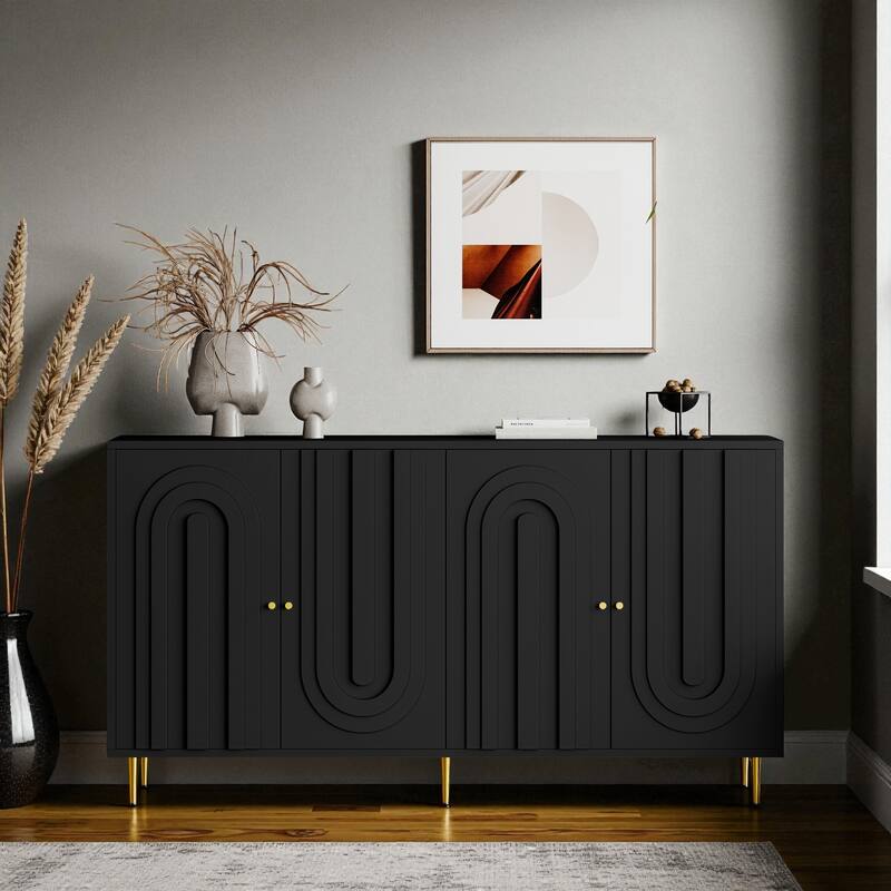 Modern 4-Door Lacquered Sideboard Buffet Cabinet with Gold Legs, Adjustable Shelves for Living Room or Dining Room - Matte Black