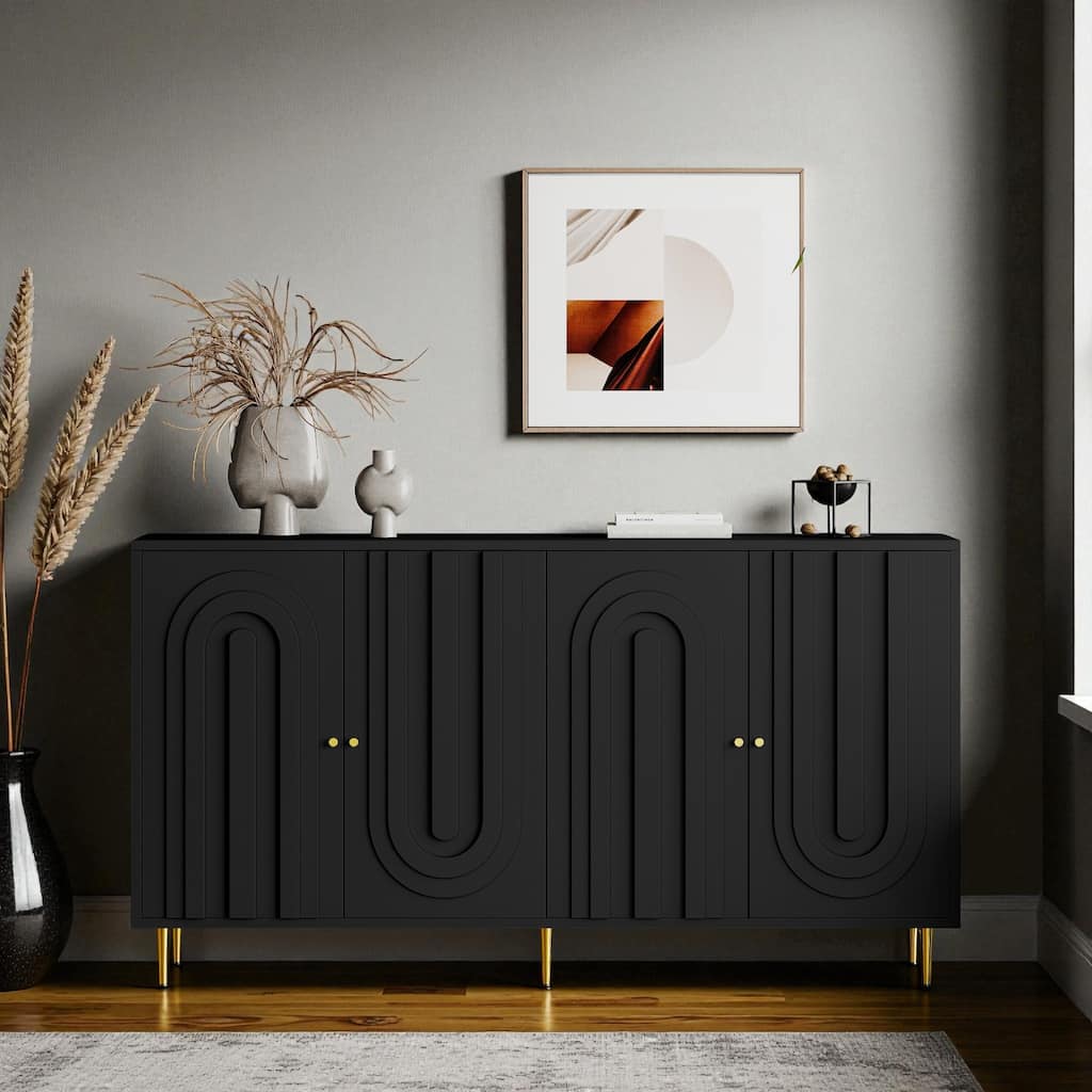 Modern 4-Door Lacquered Sideboard Buffet Cabinet with Gold Legs, Adjustable Shelves for Living Room or Dining Room