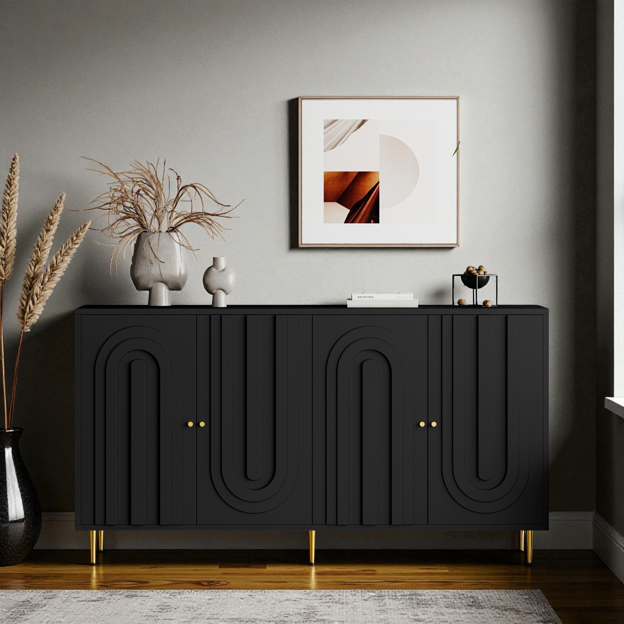 Modern 4-Door Lacquered Sideboard Buffet Cabinet with Gold Legs, Adjustable Shelves for Living Room or Dining Room