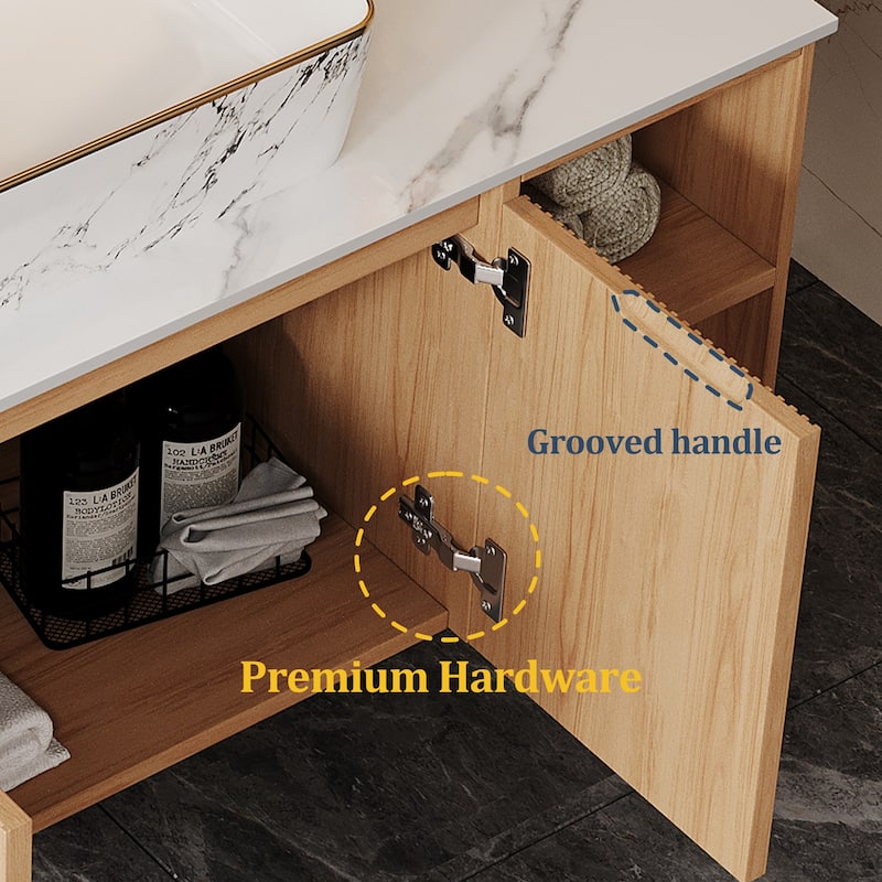 35.83'' Single Bathroom Vanity with Glossy Sintered Stone Top, Light Wood & Dark Wood