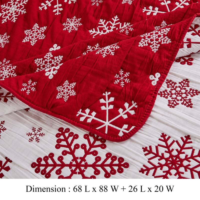 Flok 2 Piece Twin Quilt Set, Red and White Polyester, Snowflake Theme