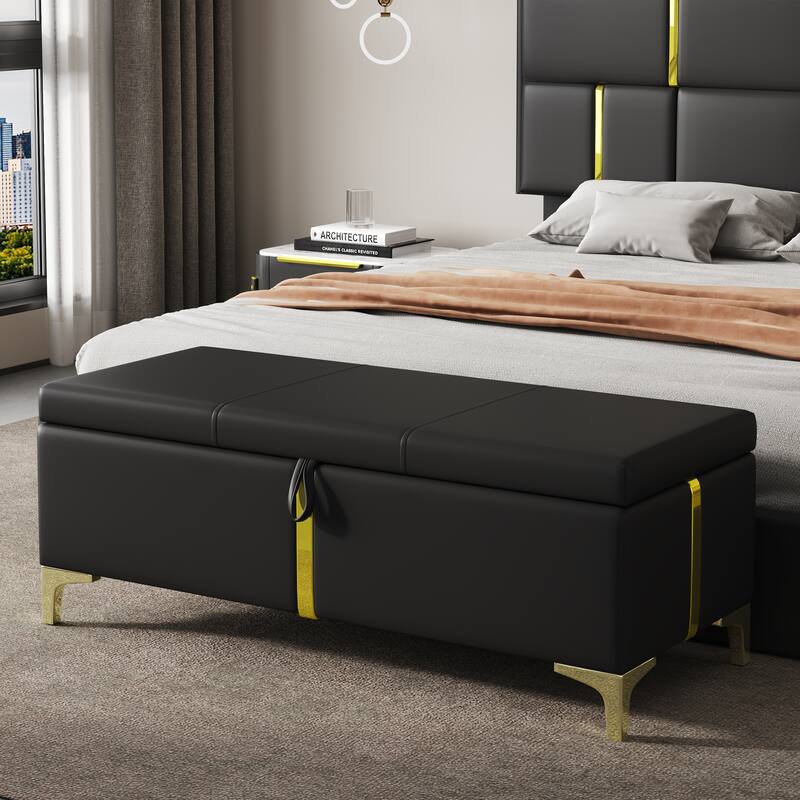 Elegant Upholstered Storage Ottoman,Storage Bench with Metal Legs for Bedroom,Living Room,Fully Assembled Except Legs - Black