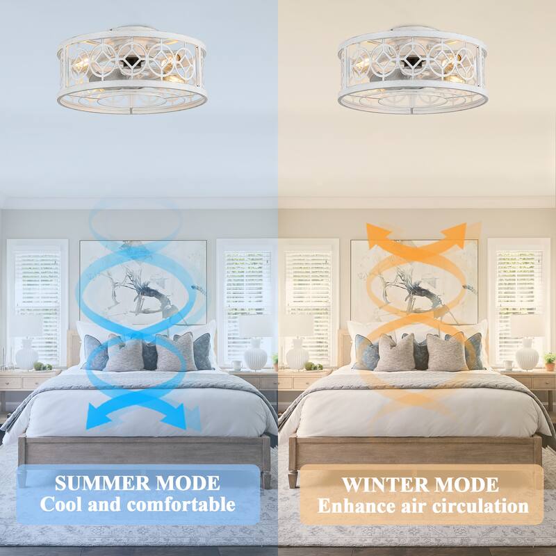 Cusp Barn 20 Inch Distressed White Ceiling Fan, Low Profile 6-Light Light Fixture, Caged Bladeless Flush Mount Fans for Bedroom