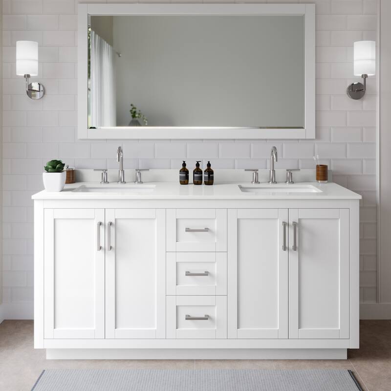 Wyndham Collection WCF292966D-QTZ-US3MXX Miranda 66" Free Standing - White / White Quartz Top / Brushed Nickel Hardware