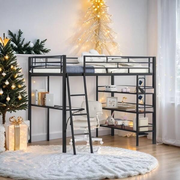 slide 2 of 26, Full Size Loft Metal Bed with 3 Layers of Shelves and Desk, Black Black