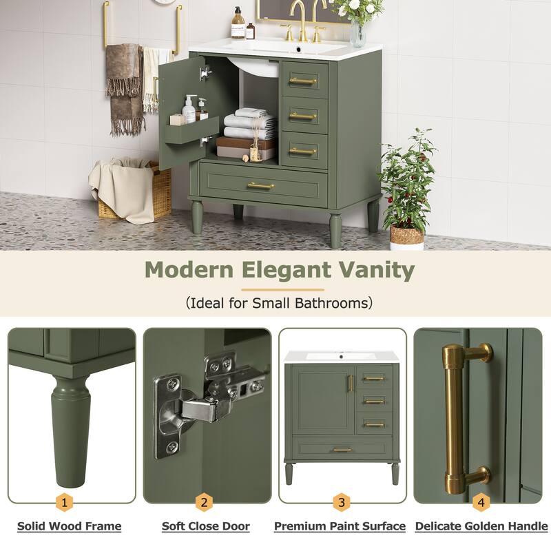 30" Bathroom Vanity with Ceramic Sink Combo, Soft-Close Door Bathroom Storage Cabinet with 3 Drawers