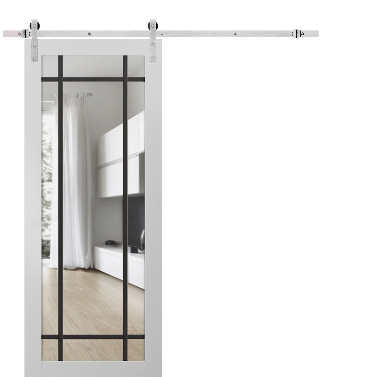 SartoDoors Lucia 2266 | Bedroom Door Barn Door | Solid Wood w/ Glass | Hardware Set | 18x80, White Silk Bathroom Door