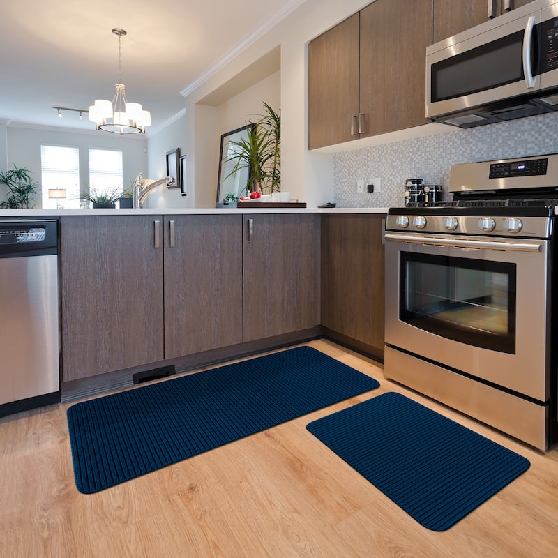 Beverly Rug Non Slip Washable Kitchen Rugs and Mats 2 Piece Set, 48"x20" + 30"x20" - Set of 2 - Denim Blue
