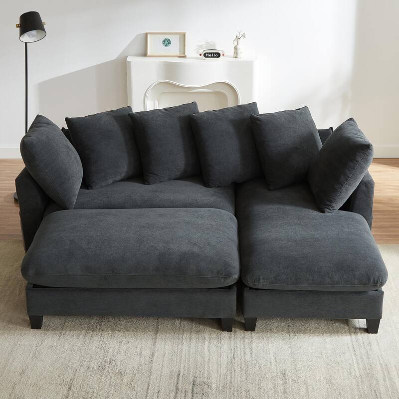 83" Chenille L-Shaped Sectional Sofa with Ottoman & 6 Pillows