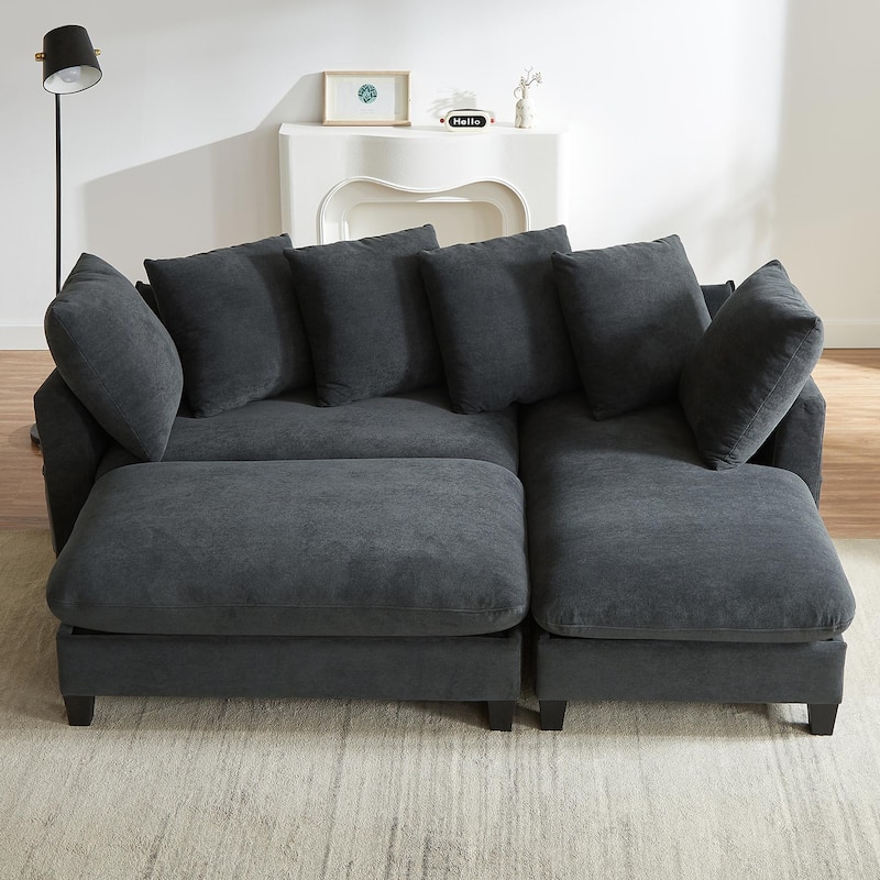 Roomfitters L-Shaped Sectional Sofa with Storage, Movable Ottoman and 6 Throw Pillows for Living Room