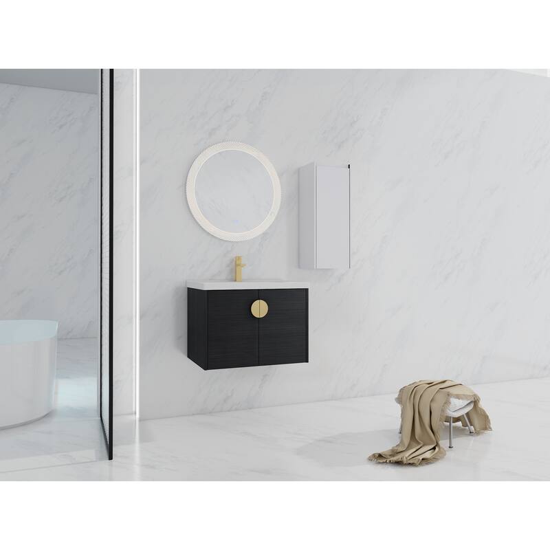 28" Wall-Mounted Bathroom Vanity With Ceramic Sink and Side Cabinet, Soft Close Doors, Combination Cabinet