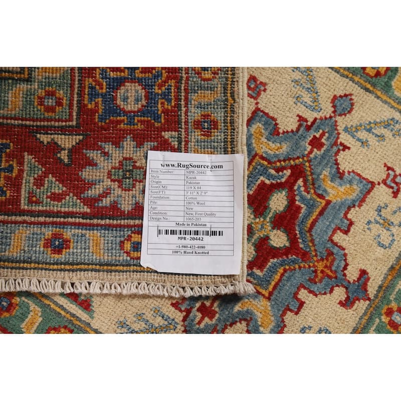 Geometric Kazak Foyer Rug Hand-Knotted Beige Wool Carpet - 2'9"x 3'11"