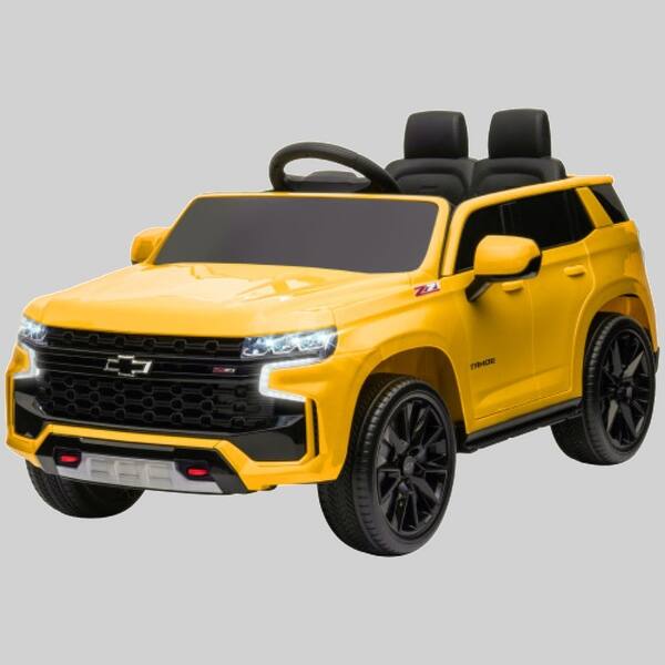 slide 1 of 1, 12V Chevrolet TAHOE Ride On Car for Kids with Remote Control, Shock Absorbers, Music, LED Lights, and Horn for Ages 3-6 Yellow