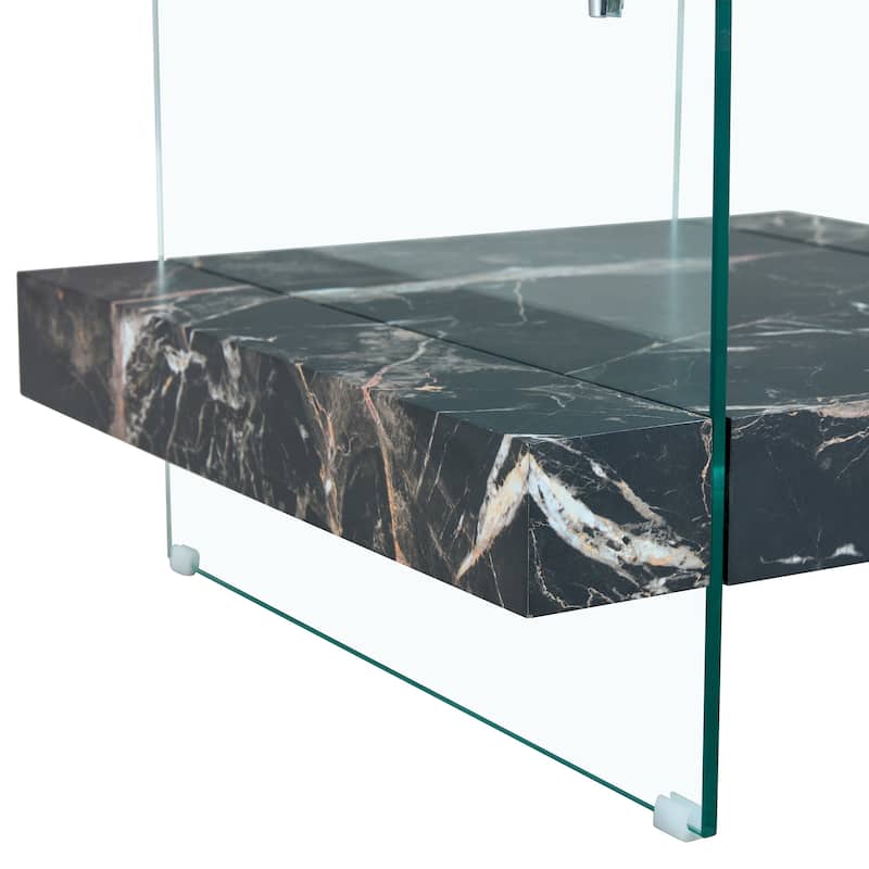 Roomfitters Square Glass Coffee Table with Walnut Finish, Two-Tier Modern Accent Table for Compact Spaces