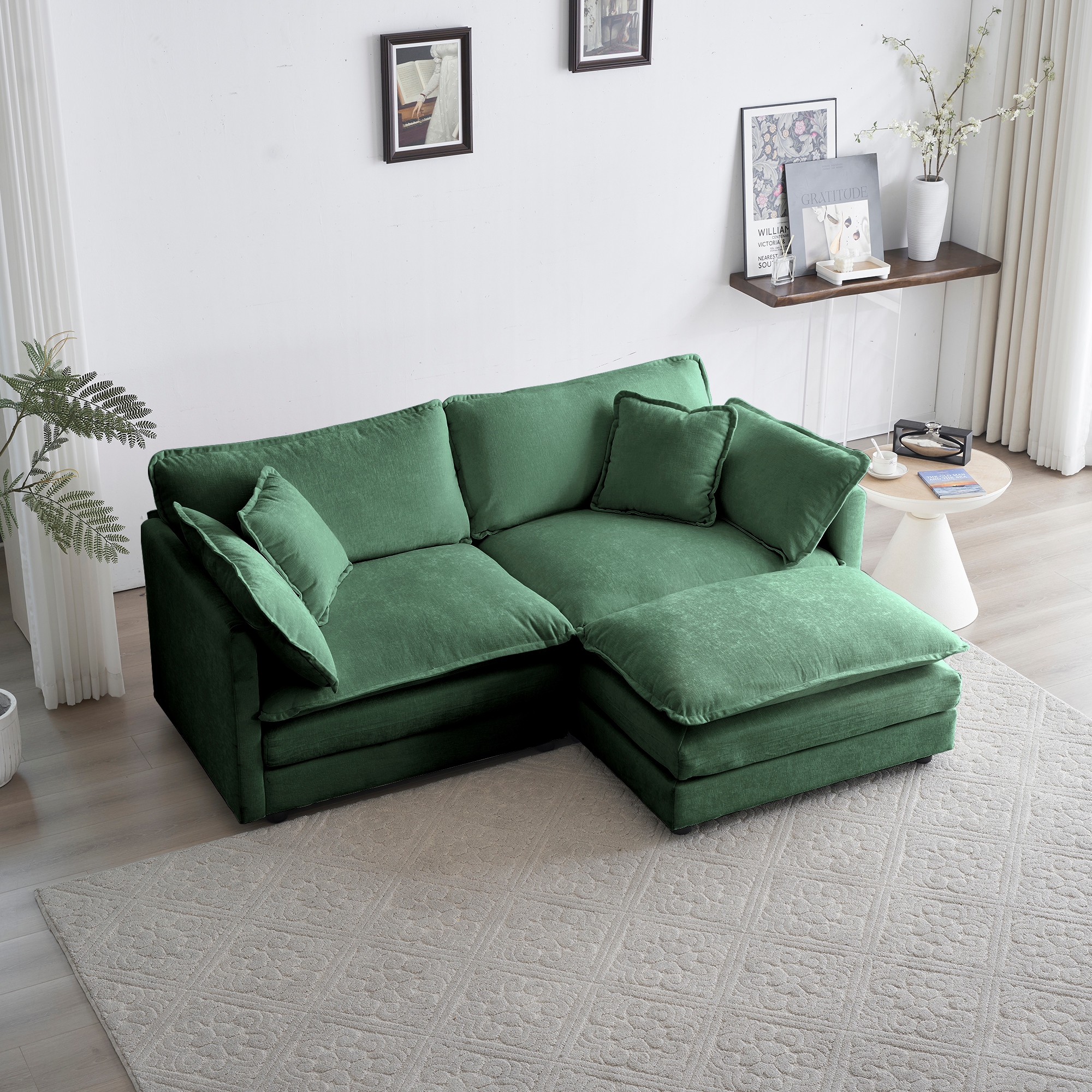 Classic 70 L Shaped Sectional Sofa with Ottoman 2 Seater Loveseat Breathable Chenille Upholstered Couch for Living Room Green
