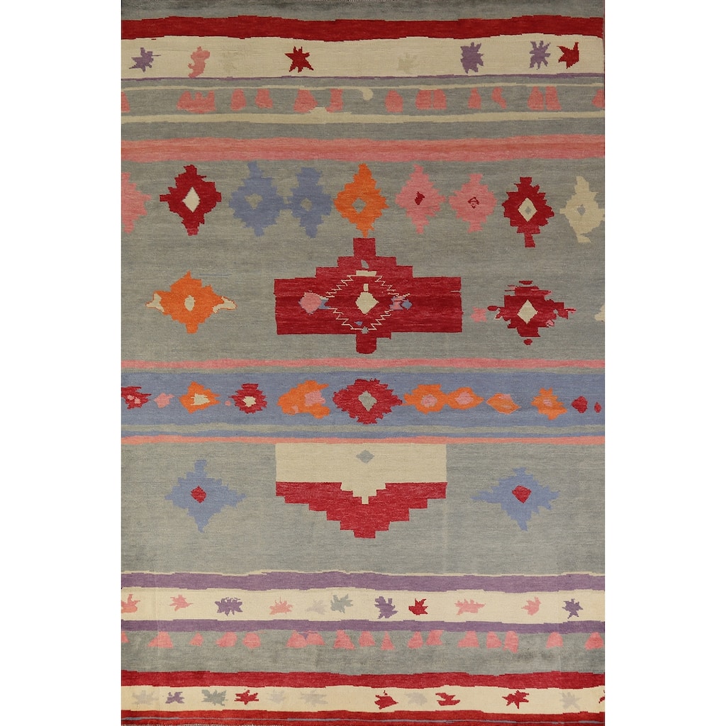 Hand Knotted Oriental 100% Wool Carpet Modern Geometric Greys & Charcoal Gabbeh Area Rug - 9' 1'' X 6' 0''