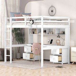 White Full Size Loft Bed Solid Pine Wood Bed Frame w/ Desk 4 Cabinets, 4 Drawers, Bedside Tray & Charging Station for Kids Teens