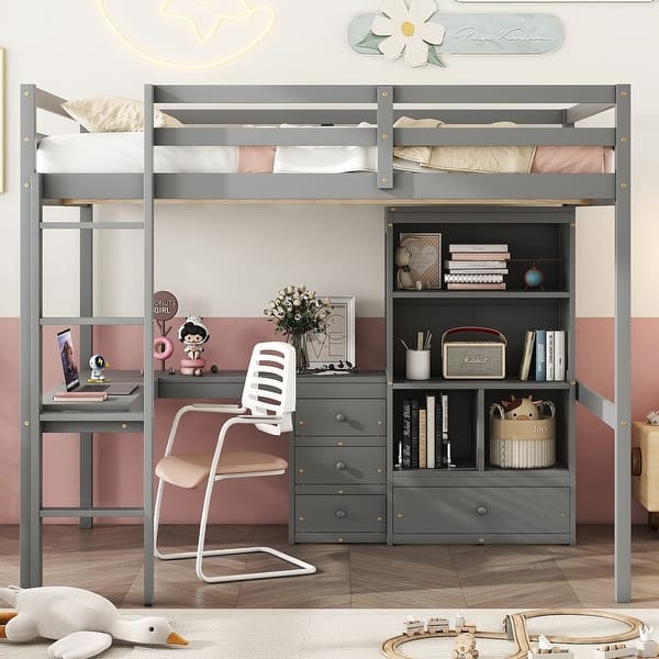 slide 2 of 13, Wood High Full Size Loft Bed with Desk,Storage Shelves and Drawers for Home Grey