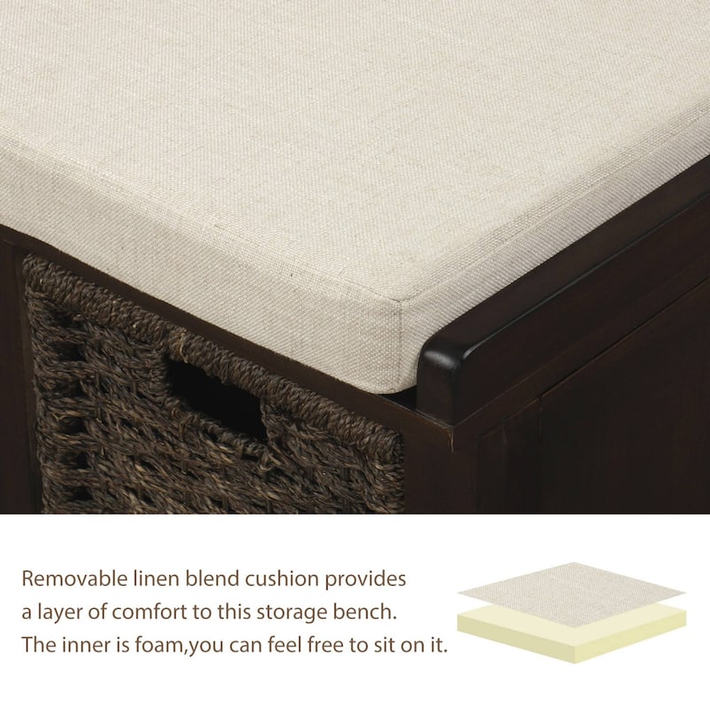 Rustic Storage Bench with 3 Removable Rattan Baskets and Cushion, Entryway Bench with MDF Frame, No Assembly Required