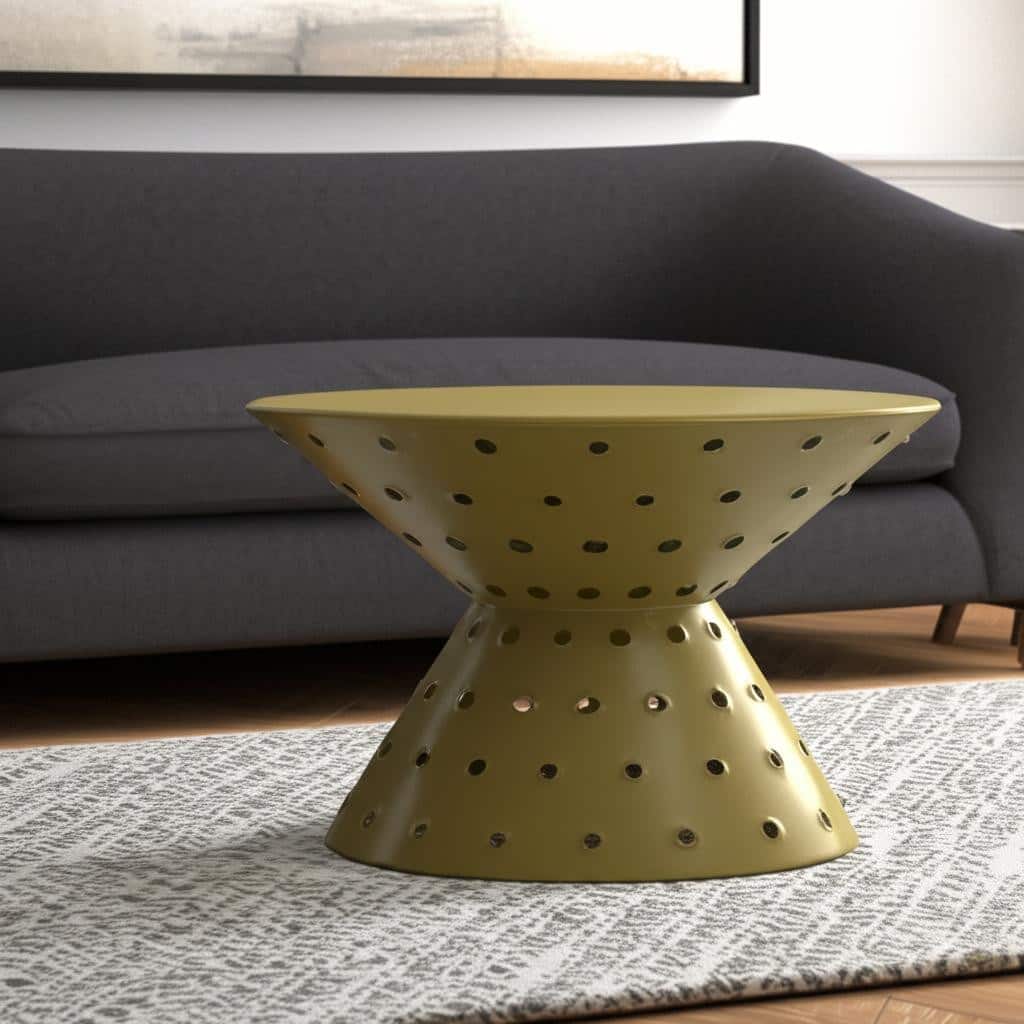 HomeRoots 30" Gold Iron Round Pedestal Coffee Table - 30.00 in. x 17.00 in. x 30.00 in.