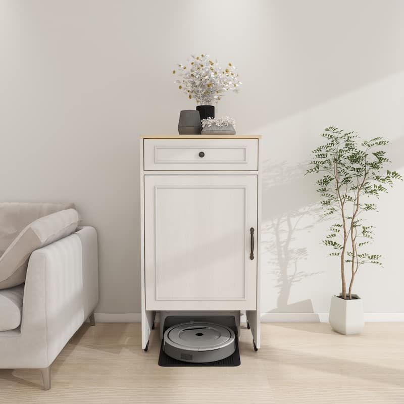 Robot Vacuum Storage Stand – Rolling Cabinet with Doors/Drawers, Antique White Finish