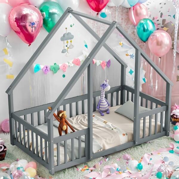 slide 2 of 18, Twin Floor House Bed with Fence,Guardrails Grey