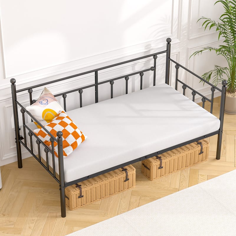 VECELO Roman Column Daybed 79" Iron Frame Space Saving Daybed Set with Rolling Trundle for Guest Teen Room Black or White - Daybed - Black