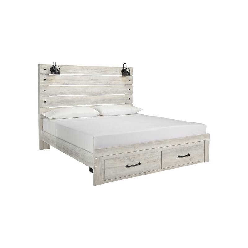 Cambeck Whitewashed Panel Bed w/ 2 Footboard Storage Drawers - King