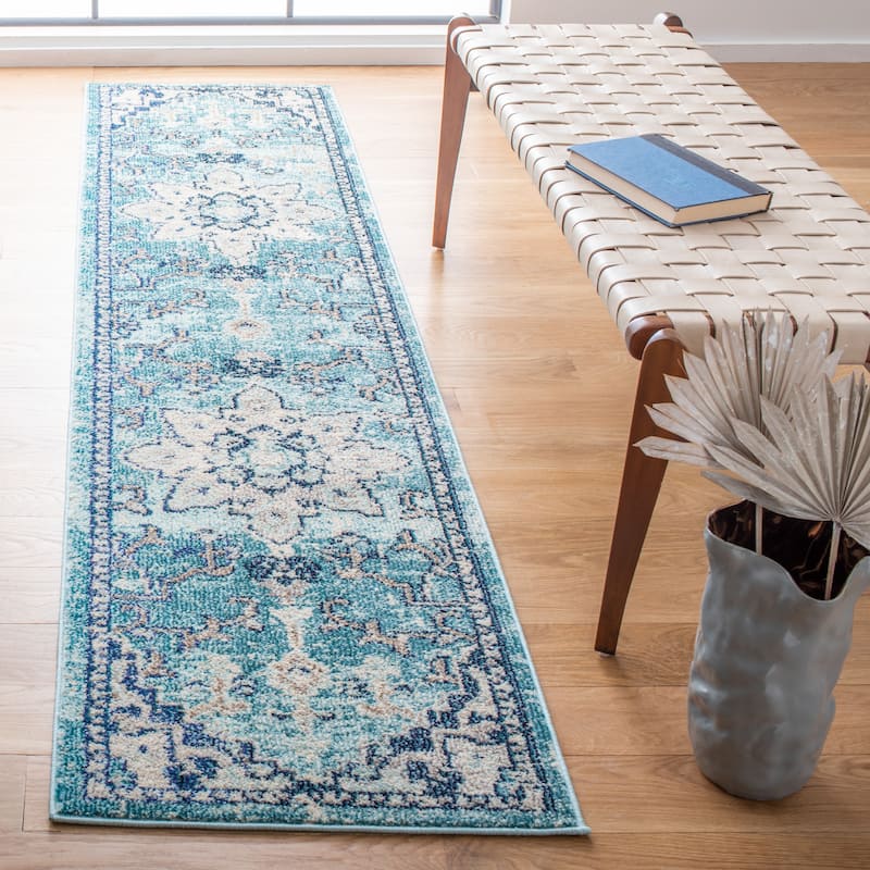 SAFAVIEH Madison Diederike Boho Medallion Distressed Rug - 2'2" x 10' Runner - Teal/Navy - Runner