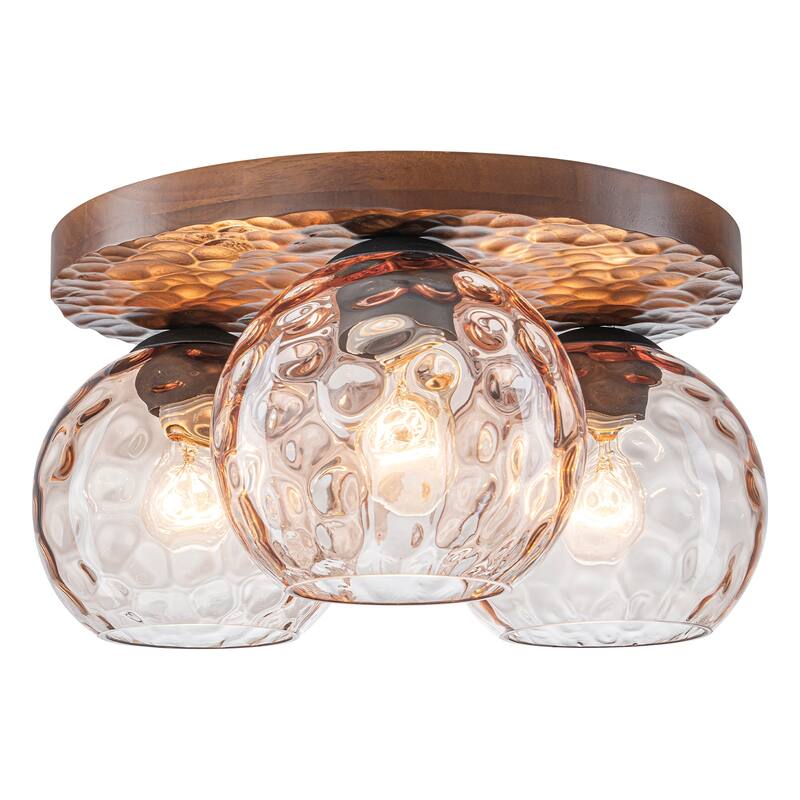 3-Light Rustic Wood Flush Mount Ceiling Light with Textured Amber Glass Shades - Dia.16.54-in