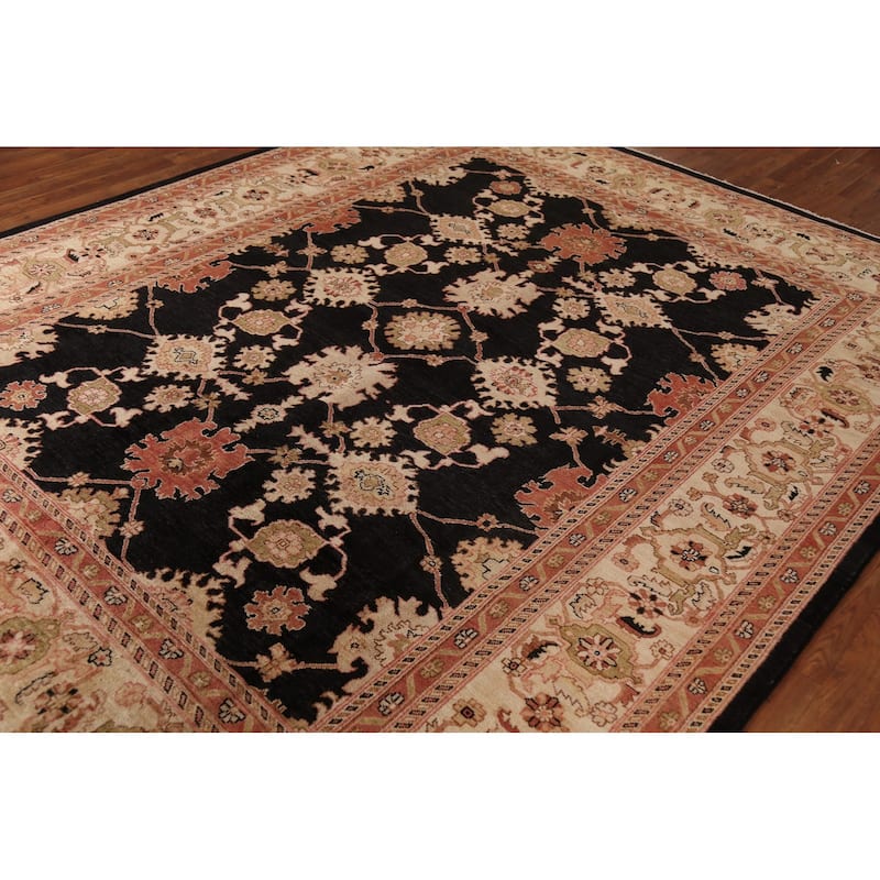 Hand Knotted Oriental 100% Wool Carpet Traditional All-Over Black Peshawar Area Rug - 10' 0'' X 7' 10''