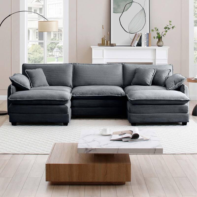5-piece Corduroy Upholstered U-Shaped Modular Sectional Sofa with 2 Removable Ottoman, 5 Pillows, and Free Combination