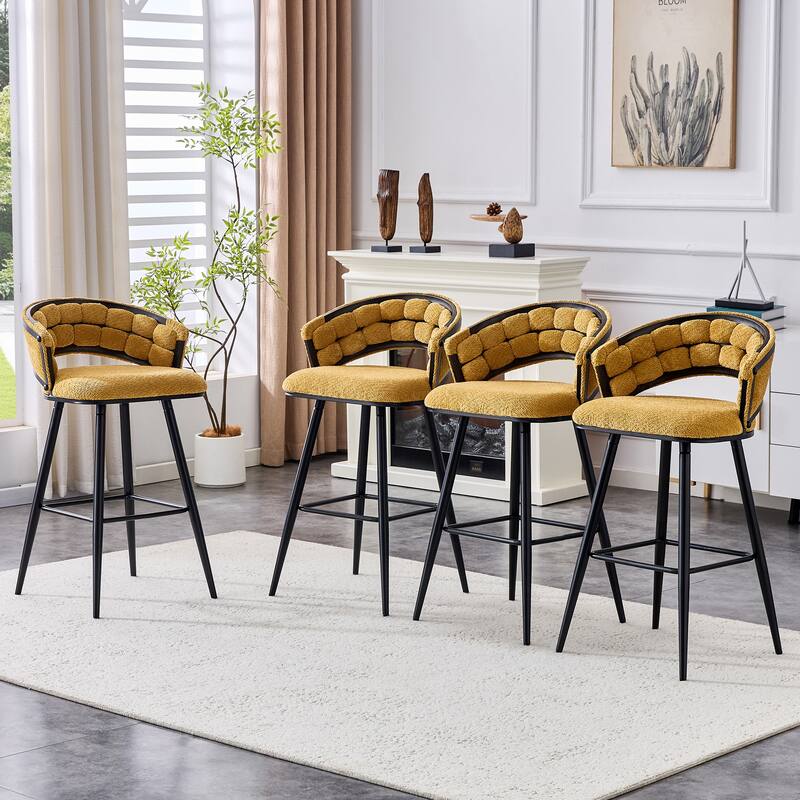 Set of 2 Yellow Velvet Bar Stools with Black Iron Legs, Modern Counter Height Stools
