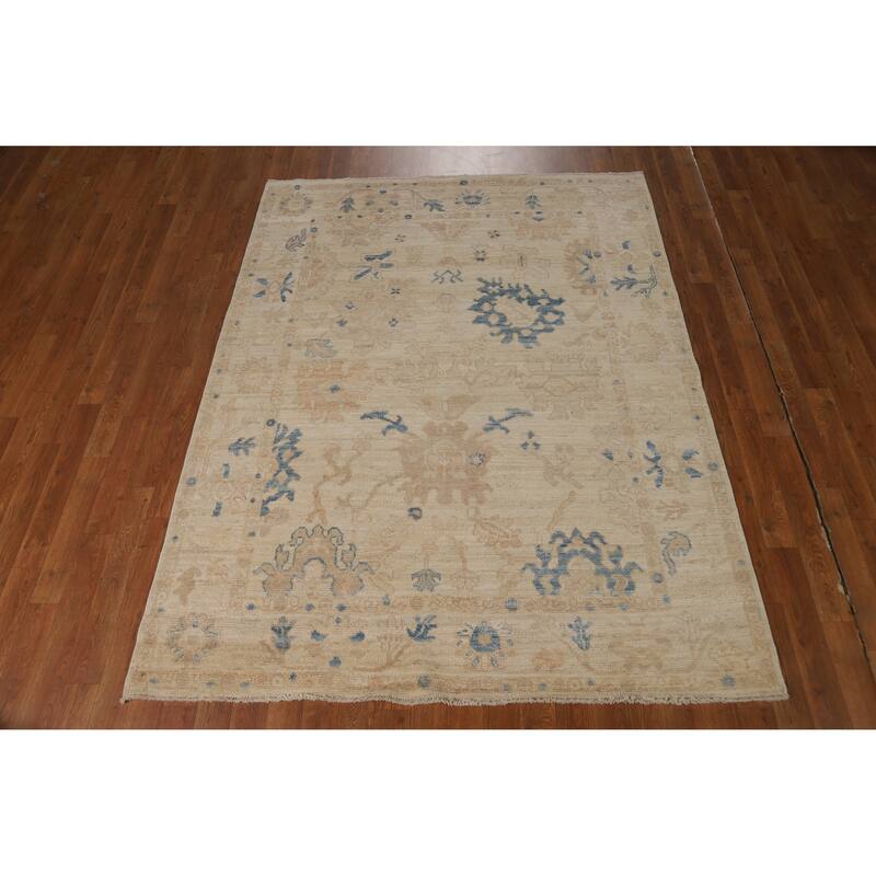 Vegetable Dye Oushak Turkish Rug Hand-Knotted Beige Wool Carpet - 5'0"x 6'7"
