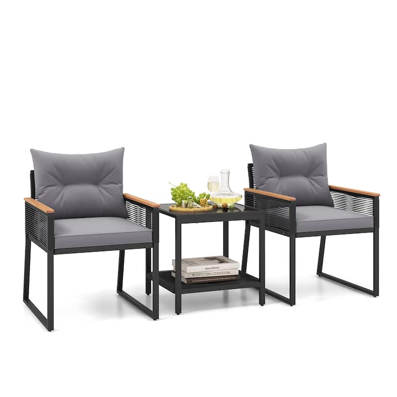 Gymax 3 PCS Patio Furniture Set PE Rattan Wicker Chairs w/ 2 Tier - Grey