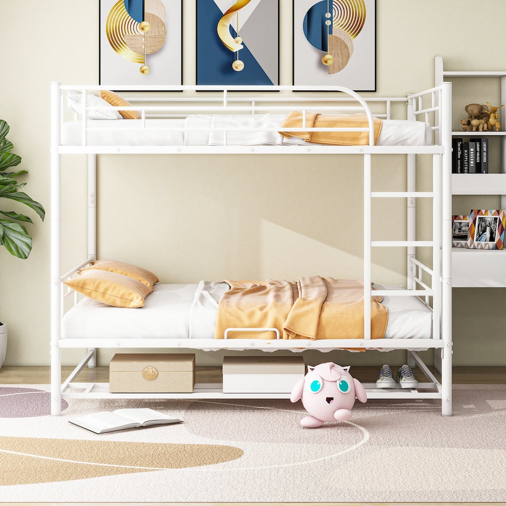 Metal Bunk Bed, Divided Into 2 Beds, Bed Bottom with Storage Shelf, Guardrails Metal Bed Frame